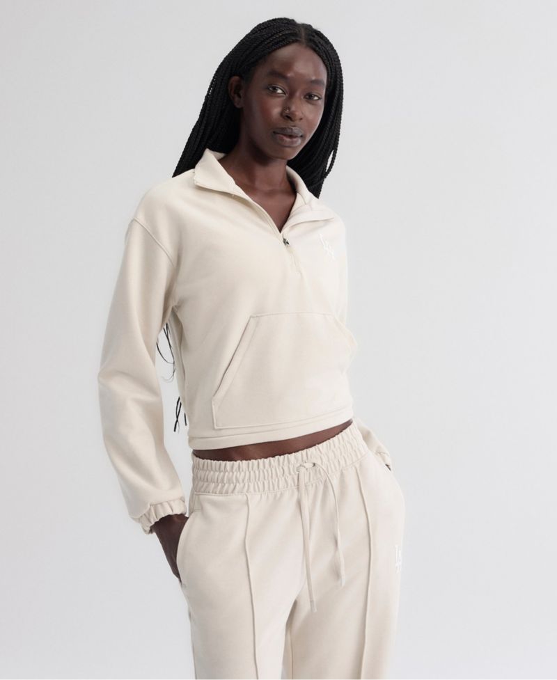 Women's Beige Los Angeles Dodgers Oversized Clutch Tri-Blend Half-Zip Pullover Sweatshirt