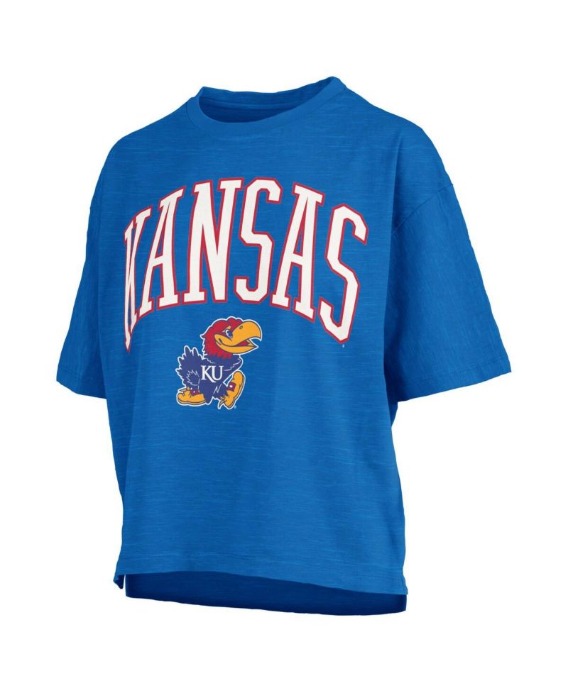 Women's Royal Kansas Jayhawks Nelson Arch Over Logo Waist Length Oversized Slub T-Shirt