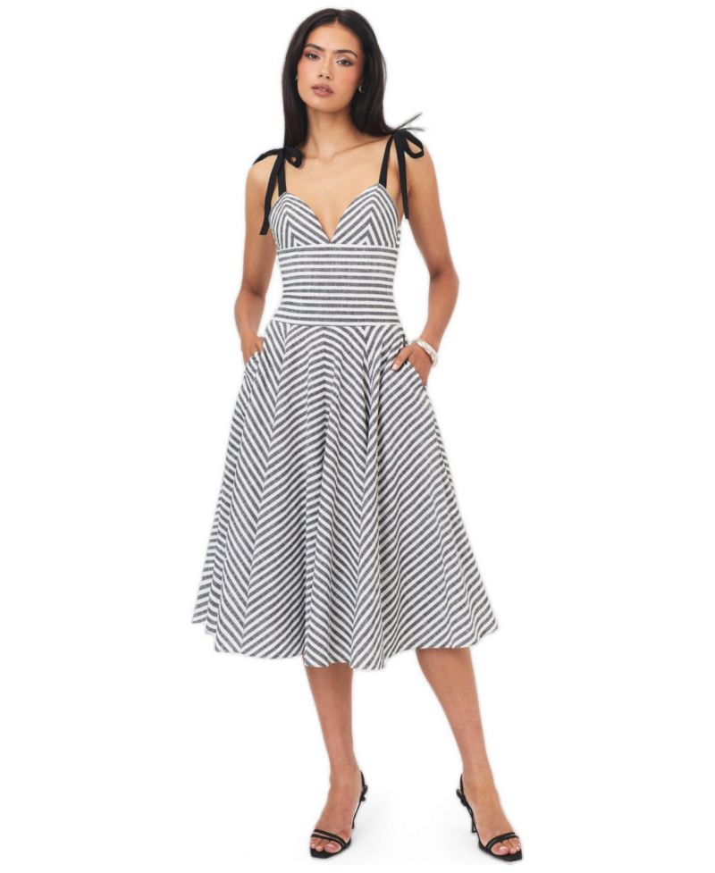 Women's Riley Striped A-Line V-Neck Cotton-Linen Blend Midi Dress