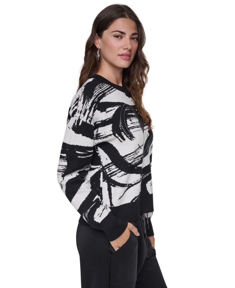 Women's Studded Heart Brush Stroke Crewneck Long-Sleeve Sweater