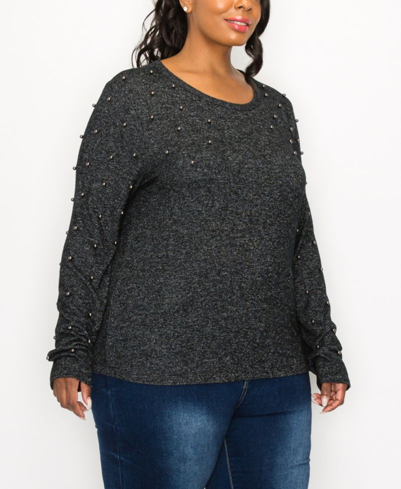 Plus Size Long Sleeve Pullover Top with Gunmetal Studs