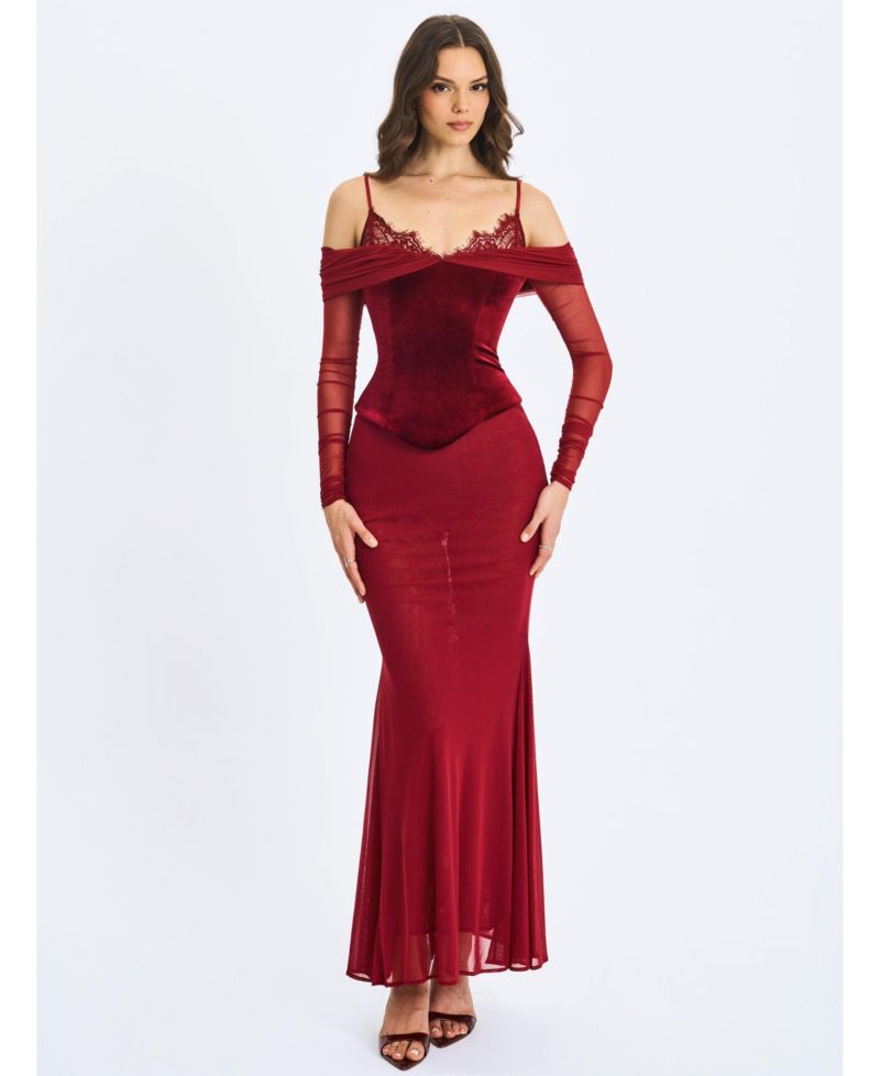 Women's Maybelle Magenta Bardot Lace Strap Peplum Maxi Dress