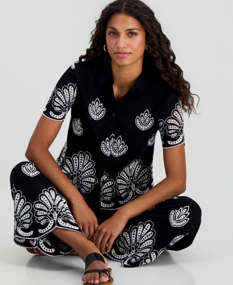 Petite Cotton Embroidered Camp Shirt