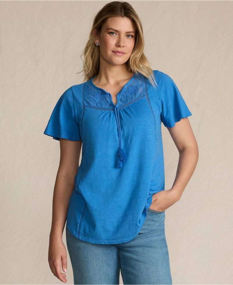 Women's Slub Flutter Sleeve Lace Trim Notch Neck Tunic Top