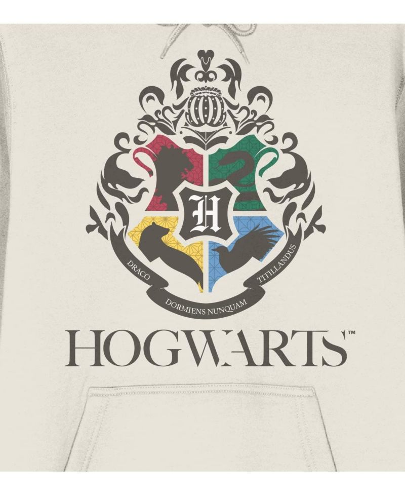 Minimal Hogwarts Crest Long Sleeve Natural Adult Hooded Sweatshirt-XL