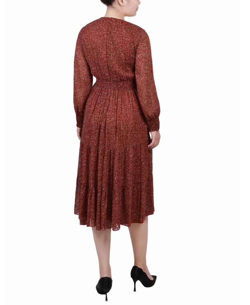 Women's Long-Sleeve Clip Dot Chiffon Dress with Smocked Waist and Cuffs Dress