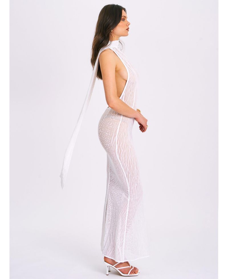 Women's Olena White Burnout Velvet Animal Print Mesh Halter Neck Maxi Dress