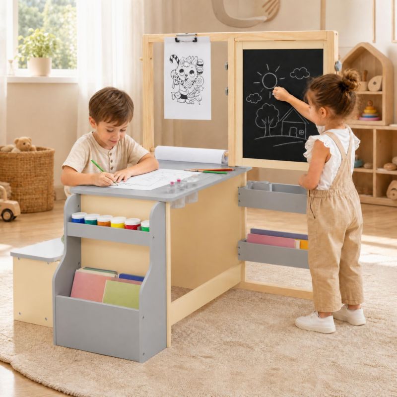 Ages 3+ Double-Sided Adjustable Storage Kids Art Center Wooden Table Bench Set
