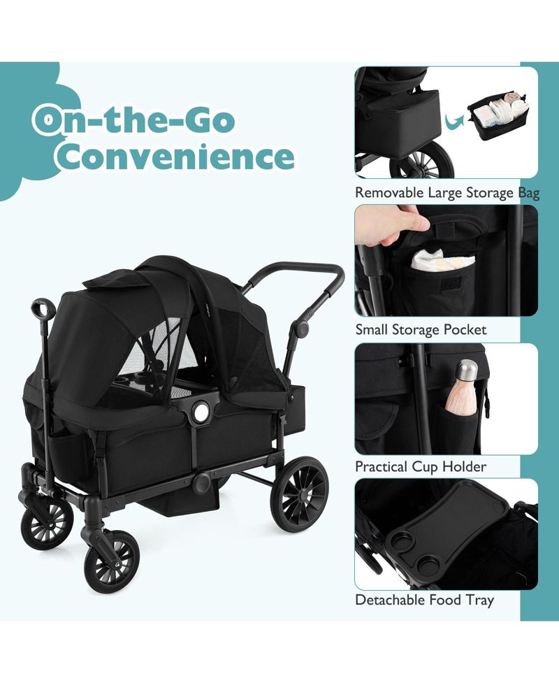 2-Seater Collapsible Kids Wagon Stroller with Push Pull Handle and Adjustable Bar