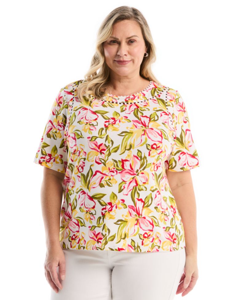 Plus Size Petal Print Pom Trim Detail Short-Sleeve Top