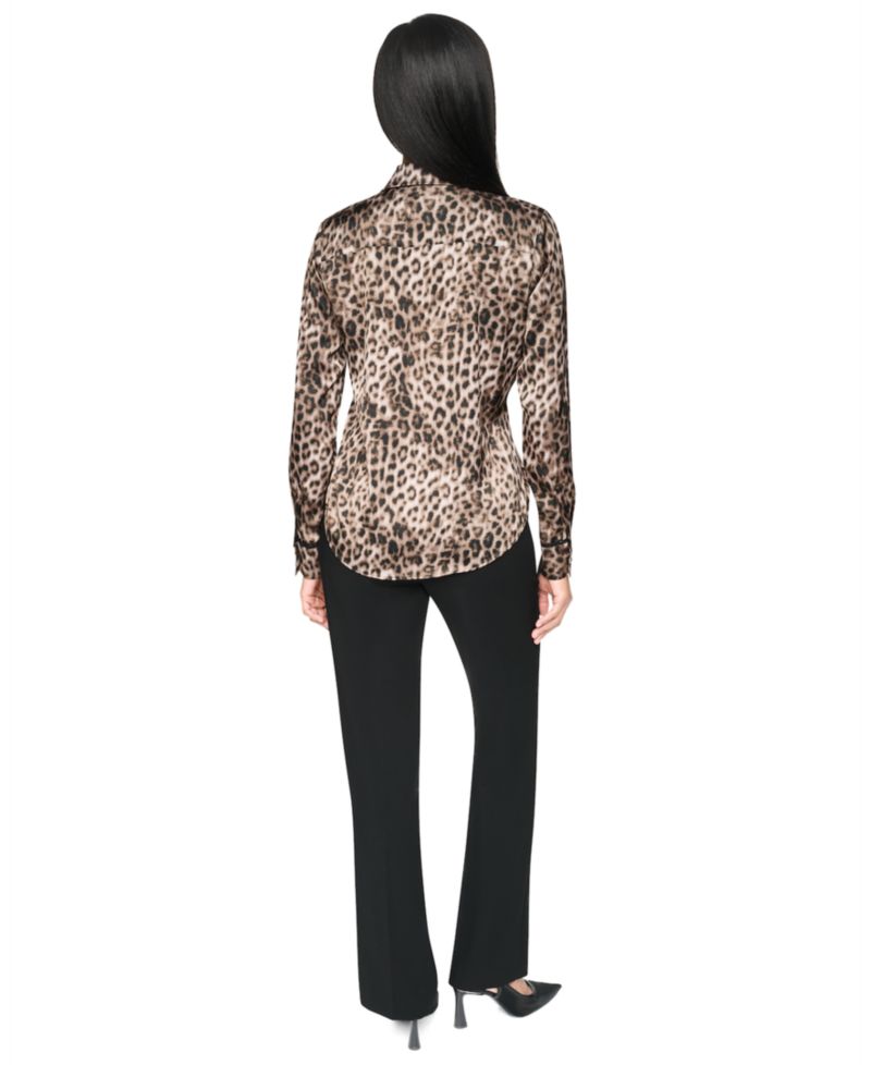 Petite Printed Satin Long-Sleeve Collared Top