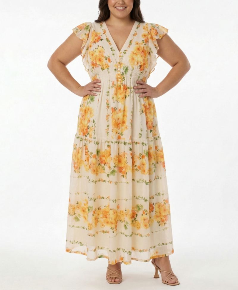 Plus Size Floral-Print Flutter-Sleeve Maxi Dress