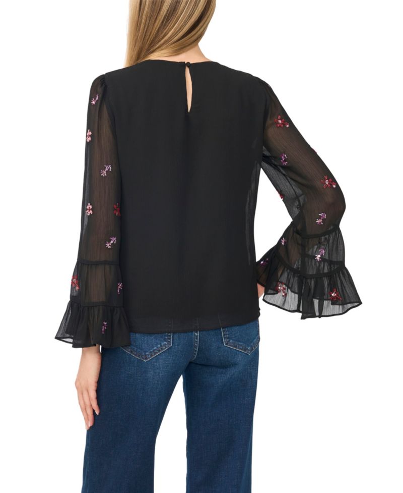 Women's Beaded Long-Sleeve Double Ruffle Cuff with Shirred Neck Blouse