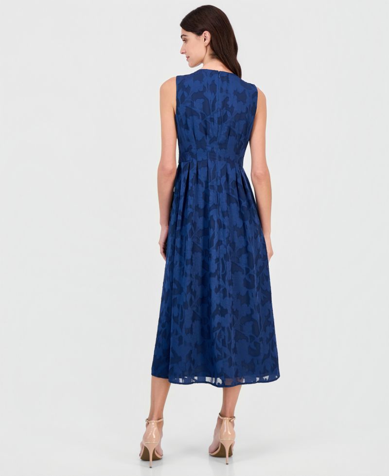 Women's Pleated-Front Button-Tab Scoop Neck A-Line Midi Dress