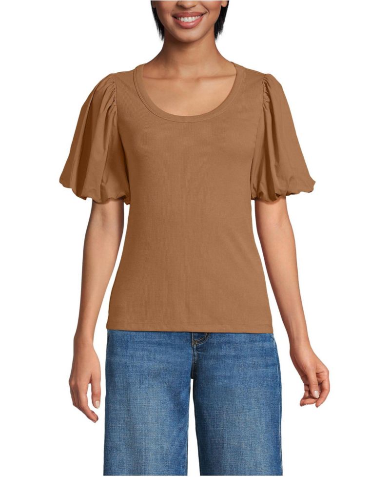 Women's Petite Drapey Rib Puff Sleeve Scoop Neck Top