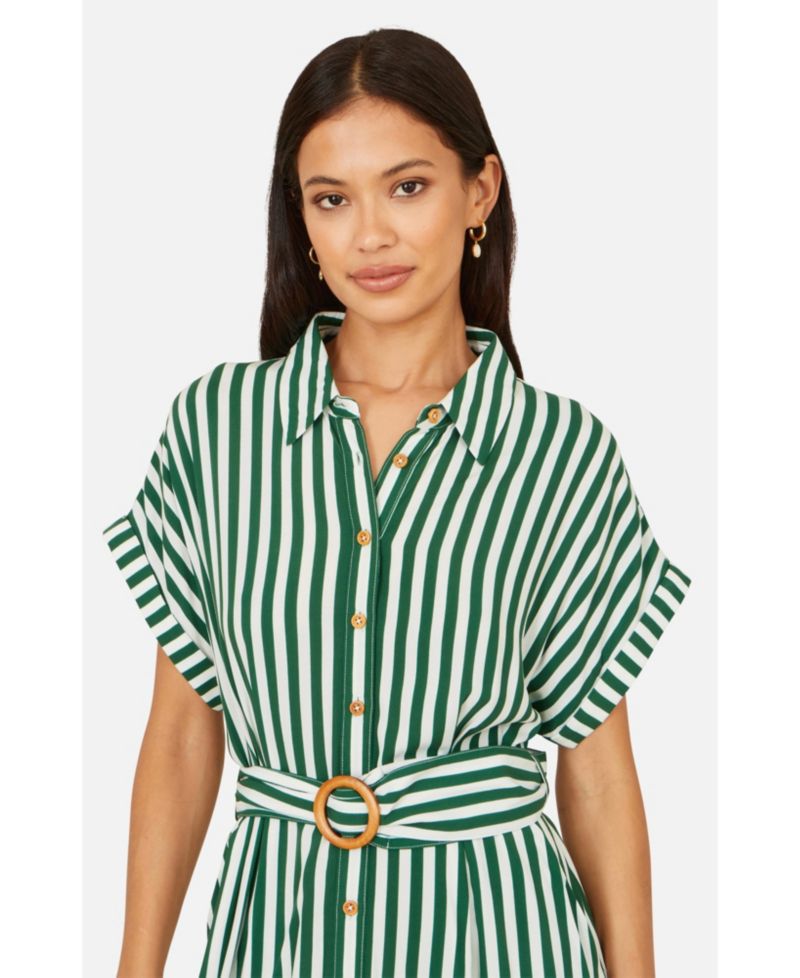 Women's Stripe Print Belted Midi Shirt Dress