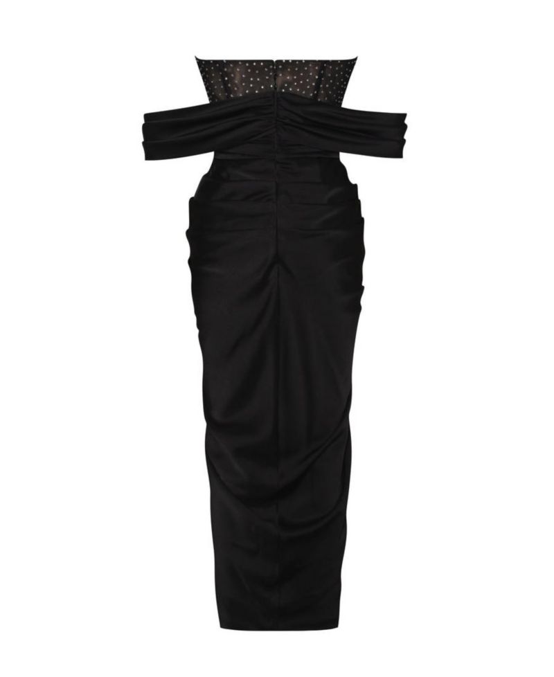 Women's Stella Black Off Shoulder Crystal Corset Satin Gown