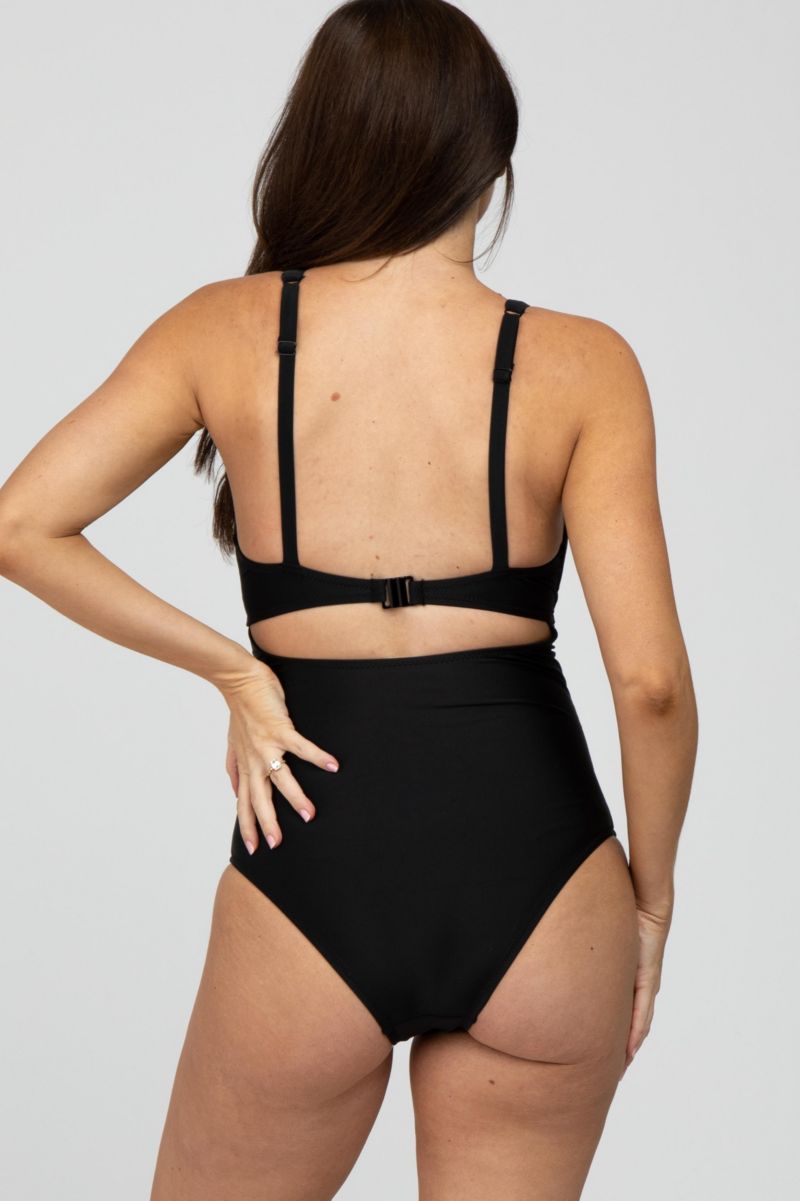 Women's Olive Ruched Sides Front Cutout One Piece Swimsuit