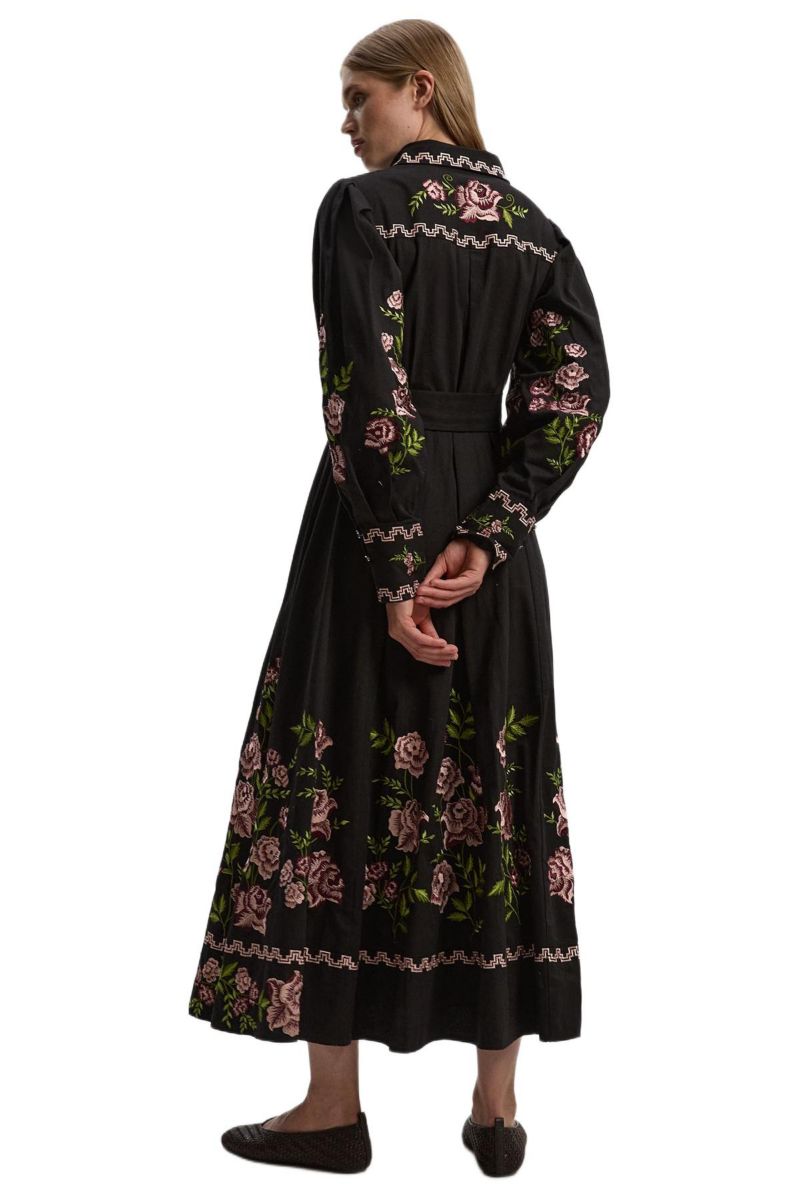 Women's Rose Embroidered Cotton Shirt Dress