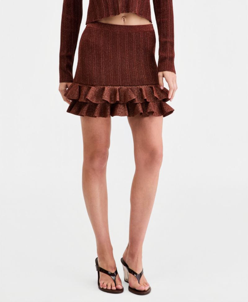 Women's Ruffle-Hem Metallic-Knit Mini Skirt