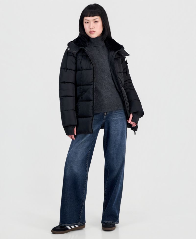 Women's Short Puffer Faux-Fur-Lined Hood Coat