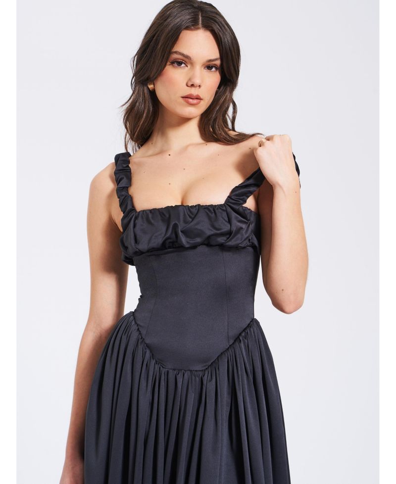 Women's Noreen Black Satin Drop Waist Maxi Sundress