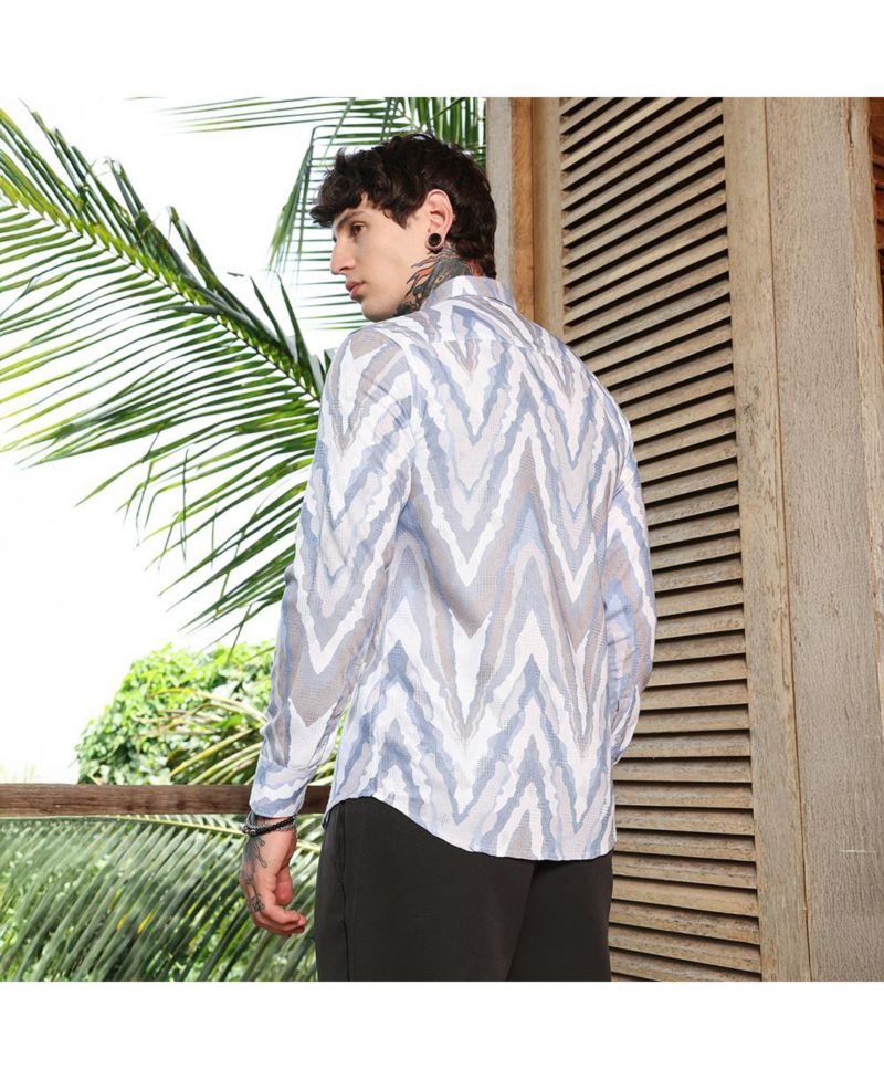 Men's Icy Blue:Cream White Pastel-Geometric Jacquard Shirt
