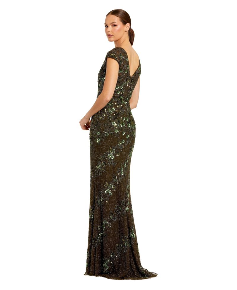 Women's Floral Embellished Cap Sleeve Sheath Gown