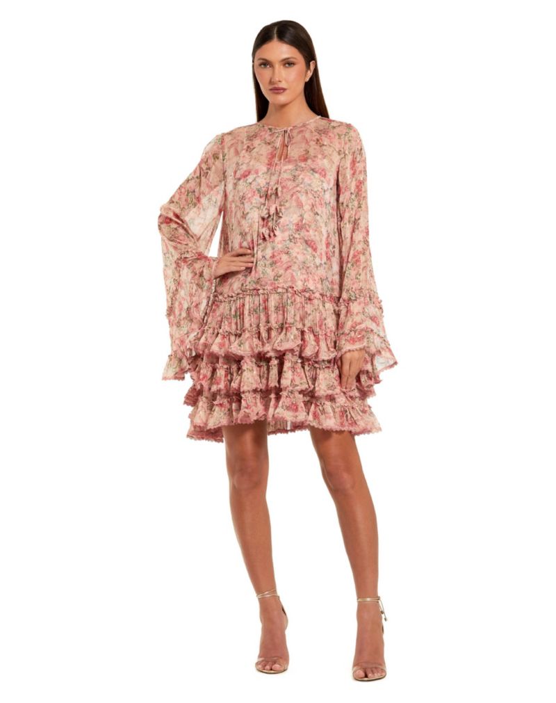 Women's Floral Long Sleeve Ruffle Viscose Mini Dress