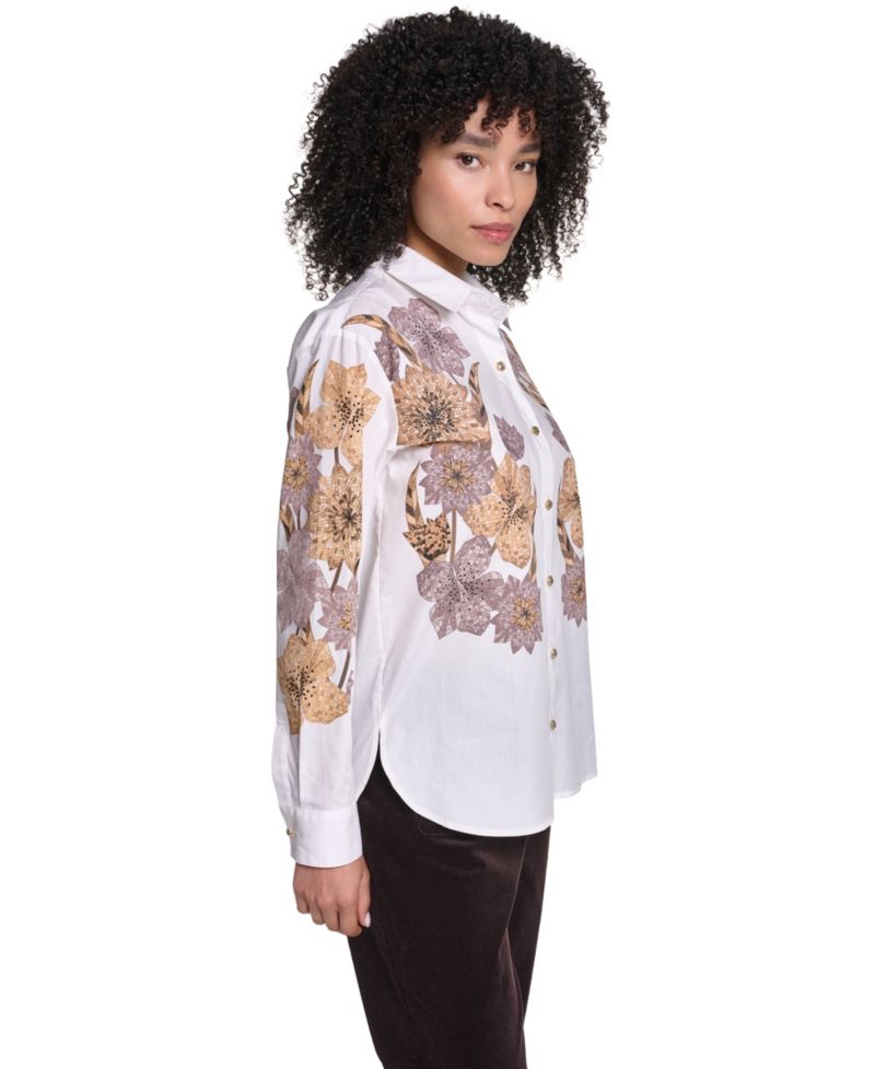 Women's Floral-Print Long-Sleeve Hotfix Rhinestone Blouse