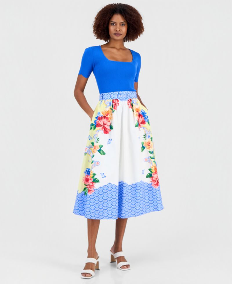 Women's Printed Belted Pull-On Midi Skirt