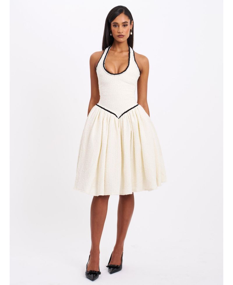 Women's Natalie U Neck Halter Drop Waist Tweed Midi Dress