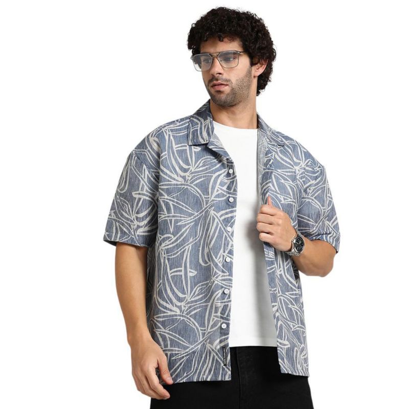 Men's Steel Blue Vine-Lines Resort Oversized Shirt