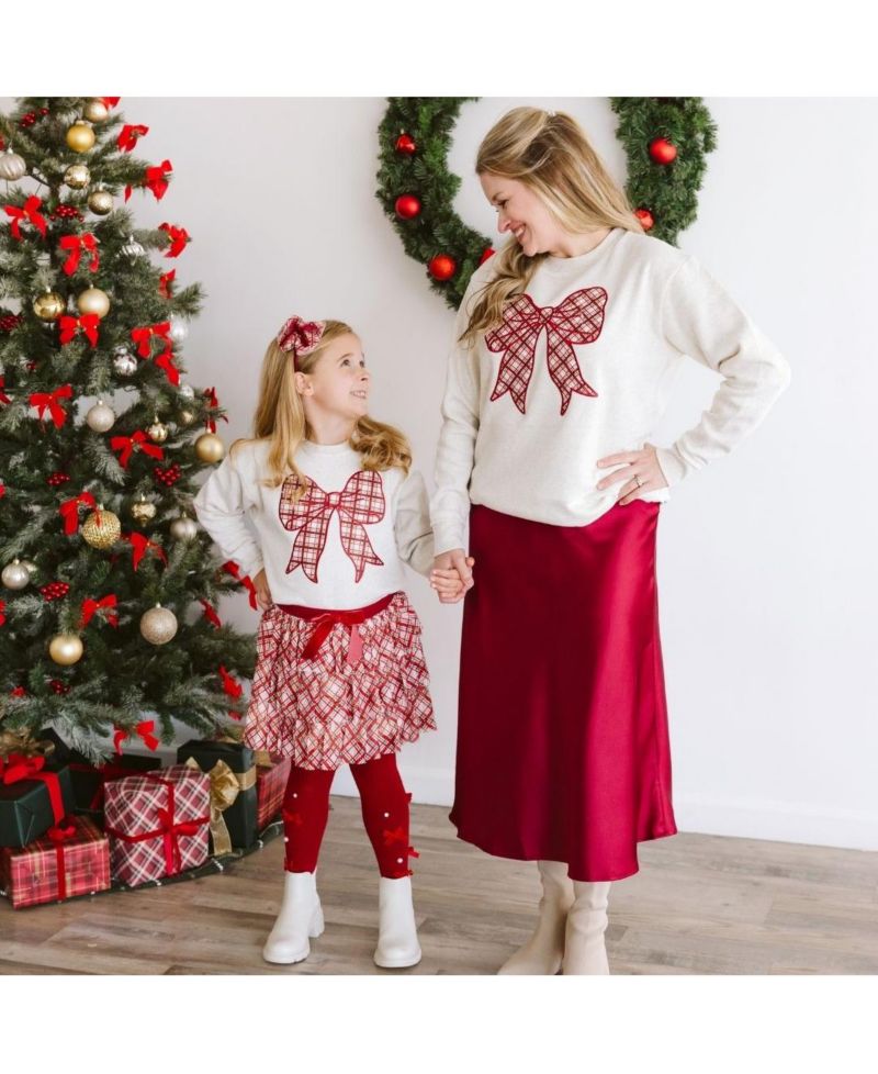 Little Girls Christmas Plaid Bow Patch Sweatshirt