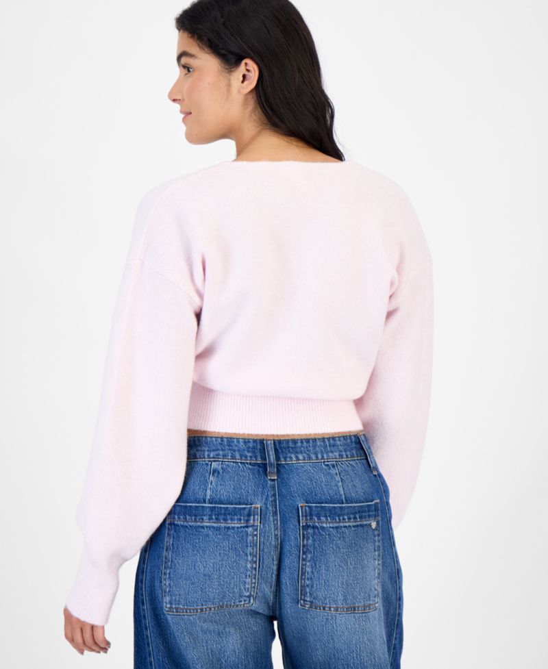 Juniors' Surplice Studded Pullover Sweater