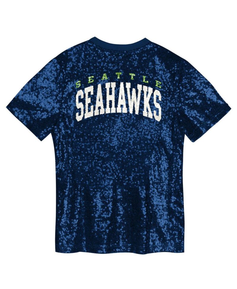 Big Girls College Navy Seattle Seahawks Wordmark Sequin V-Neck T-Shirt