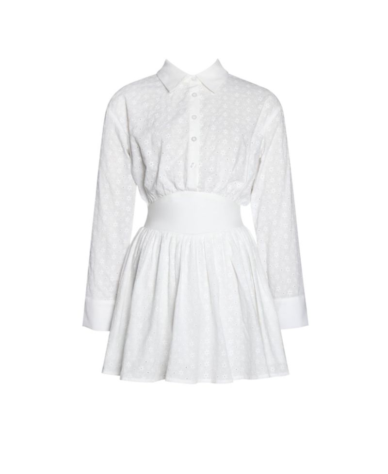 Women's Gabriella White Cotton Eyelet Button Up Long Sleeve Shirt Dress