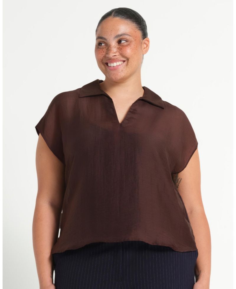Women's Kelly Sheer Collared V-Neck Short Sleeve Top