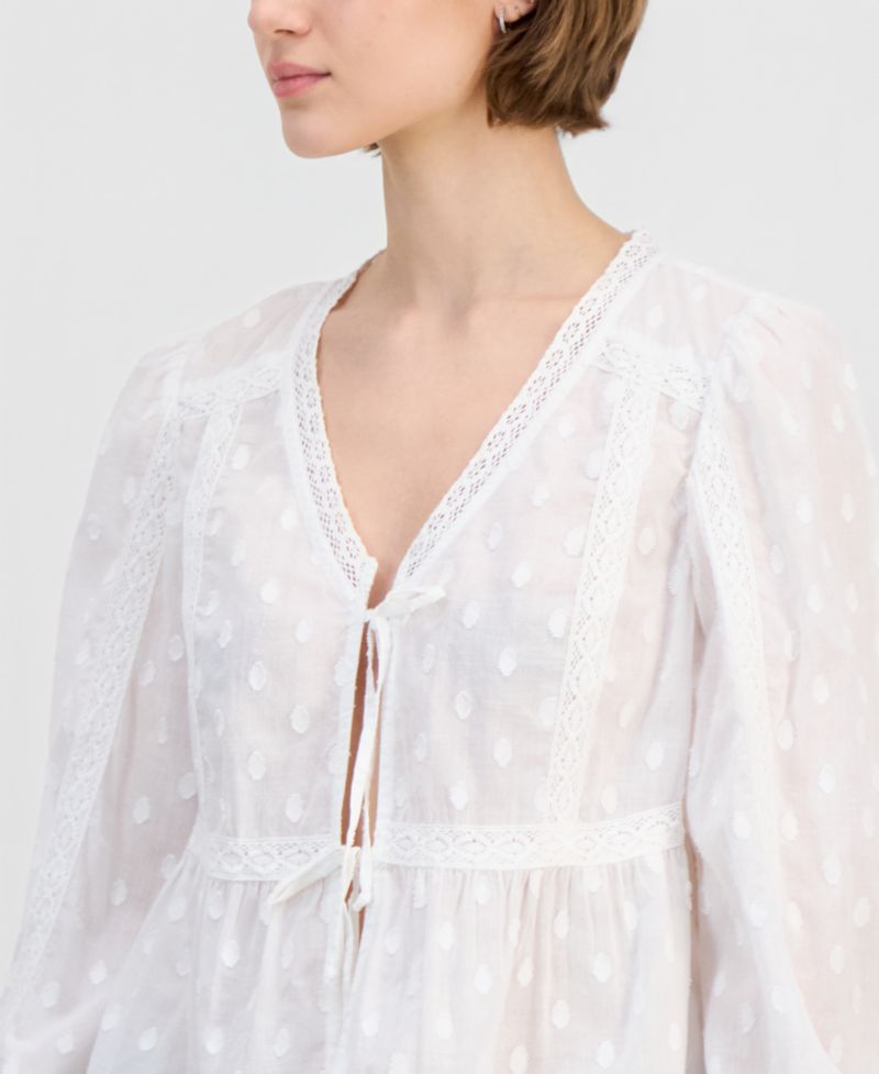 Women's Cotton Lace-Trim Tie-Front Top