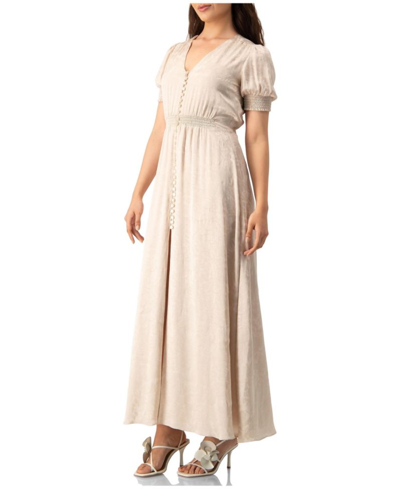 Women's Jacquard Satin Button-Front Maxi Dress with Puff Sleeve and Smocked Waist