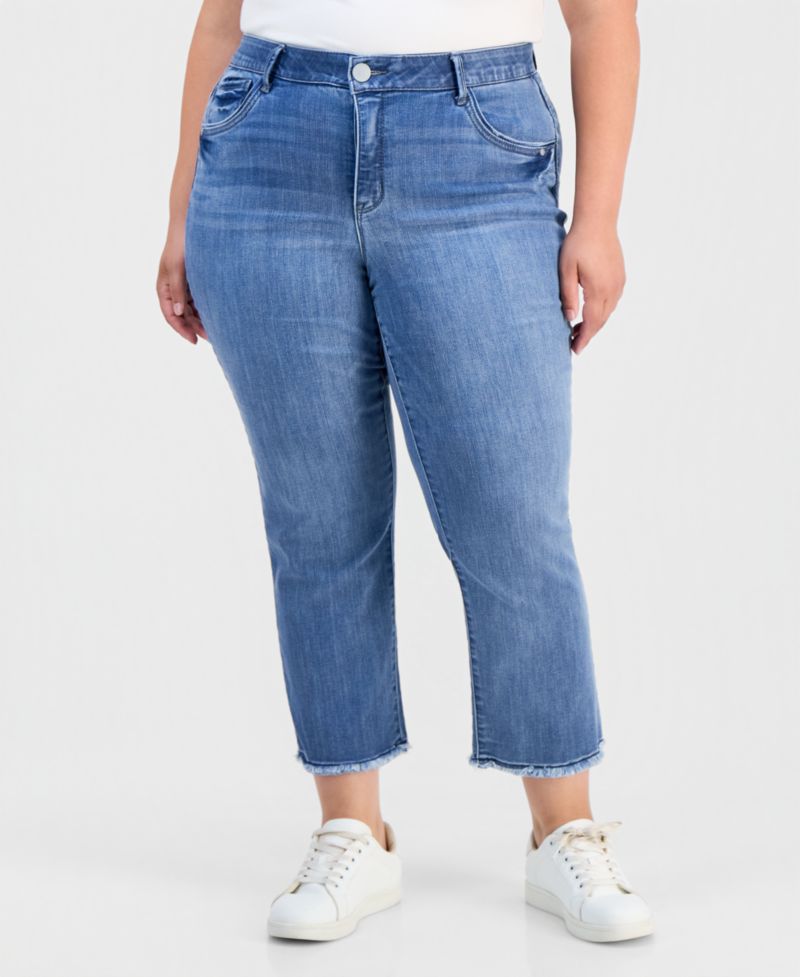 Plus Size High-Waisted Straight-Leg Frayed-Hem Jeans