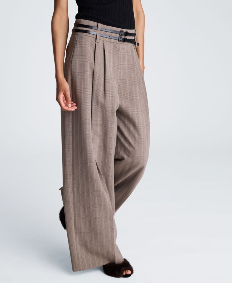 Women's High-Rise Double-Belt Pleated Wide-Leg Pants