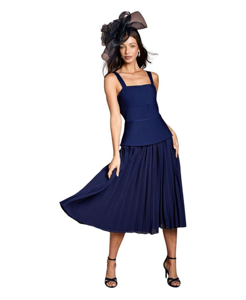 Women's Bandage Square Neck Pleated Midi Dress