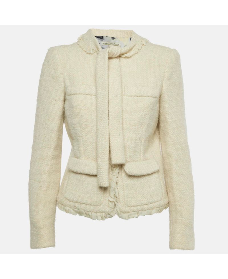 Women's Cream Tweed Ruffled Tie-Up Neck Detail Jacket