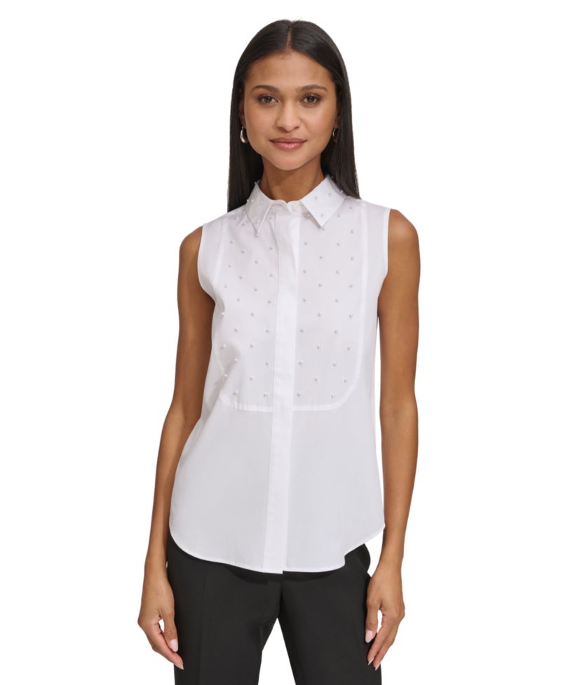 Women's Pearl-Embellished Sleeveless Collared Shirt