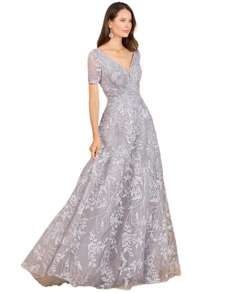 Women's Short Sleeve Lace A-Line Dress with V-Neckline
