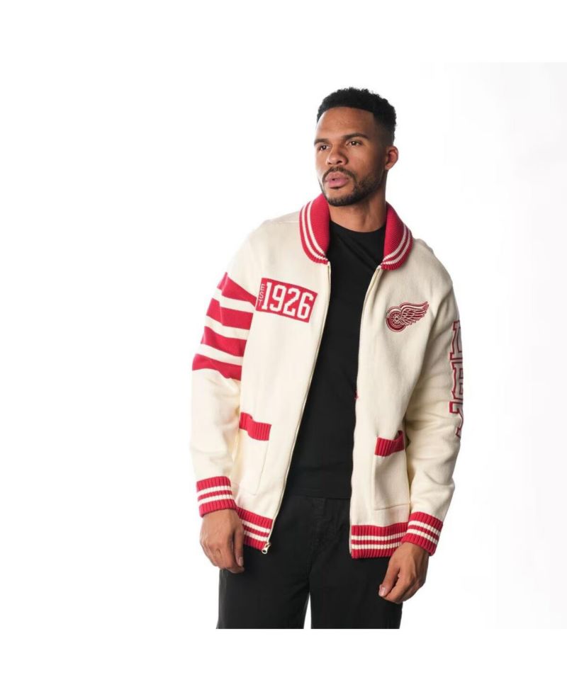 Men's and Women's Cream Detroit Red Wings Jacquard Full-Zip Sweater