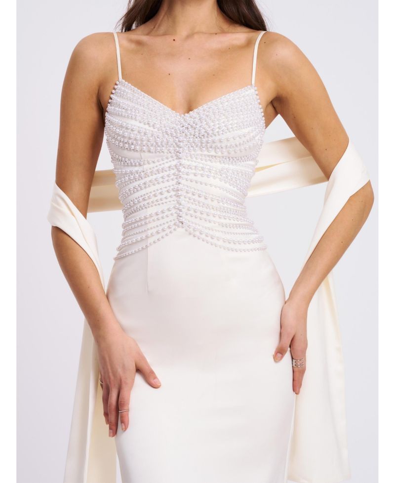 Women's Karmen Pearl Top Pencil Slip Gown with Scarf