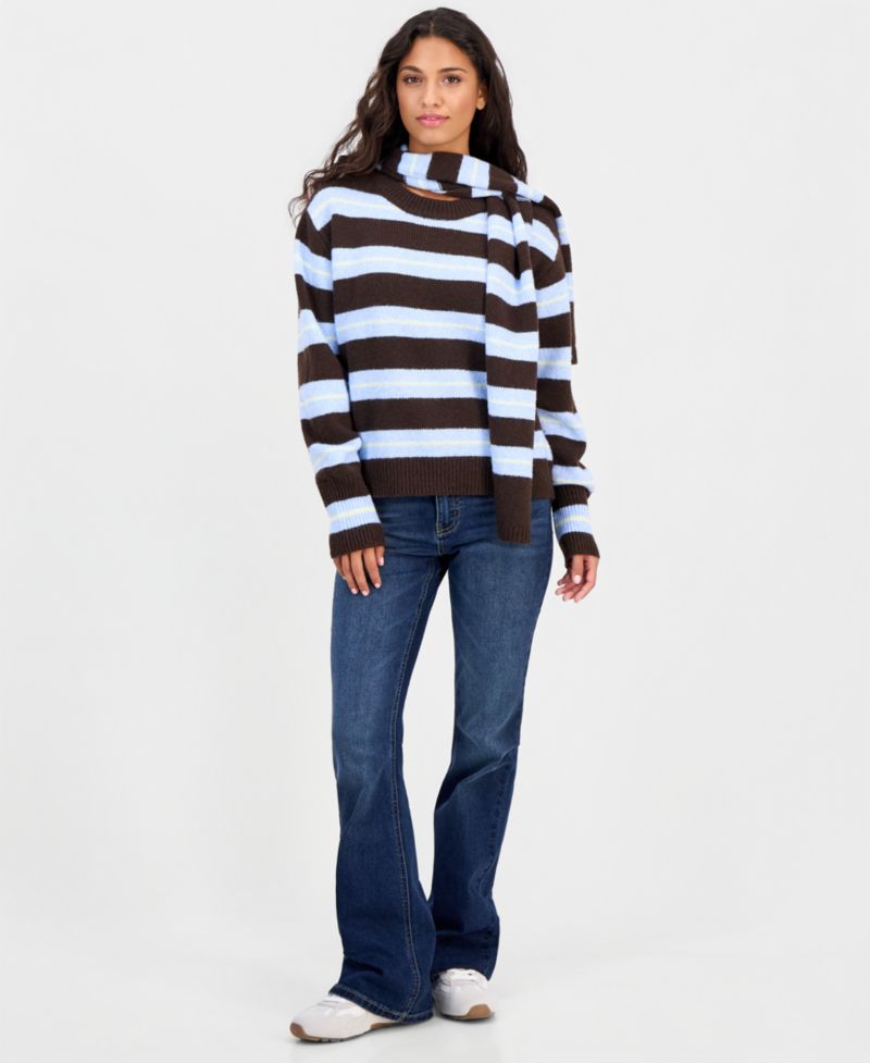Juniors' Oversized Stripe Long-Sleeve Crewneck Pullover with Matching Scarf