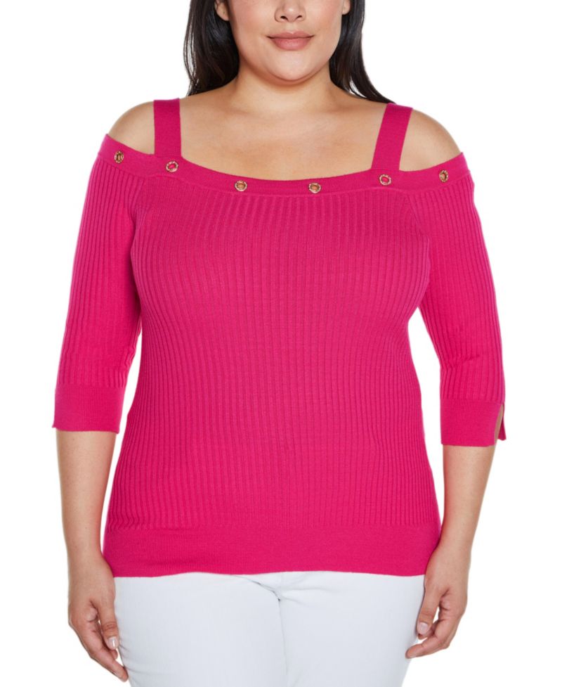 Plus Size Black Label Rhinestone Grommet Cold-Shoulder Sweater
